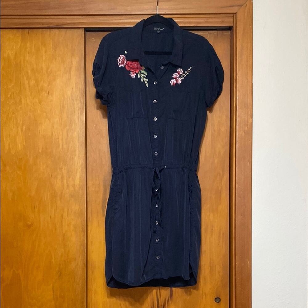 Velvet Heart Dark Navy Blue Embroidered Floral Button Mini Dress Drawstring - L